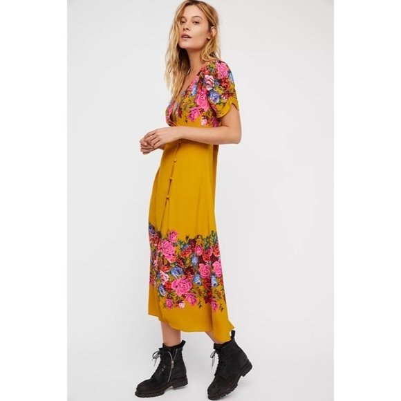 Free People Golden Yellow Floral Print Button Front Jaimie Midi Dress Size XS - Picture 1 of 9